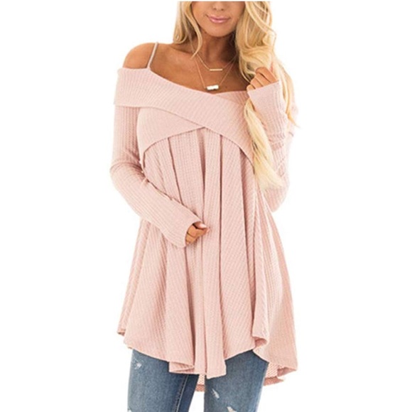 NEW💥Soft Pink Waffle Off Shoulder Tunic, S-XL - Picture 2 of 8